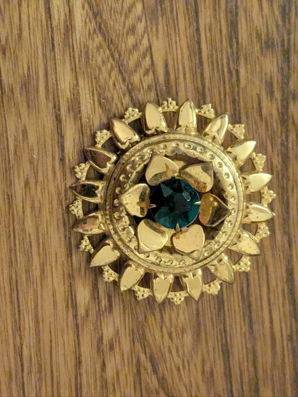70s Gold Brooch With Green Gem